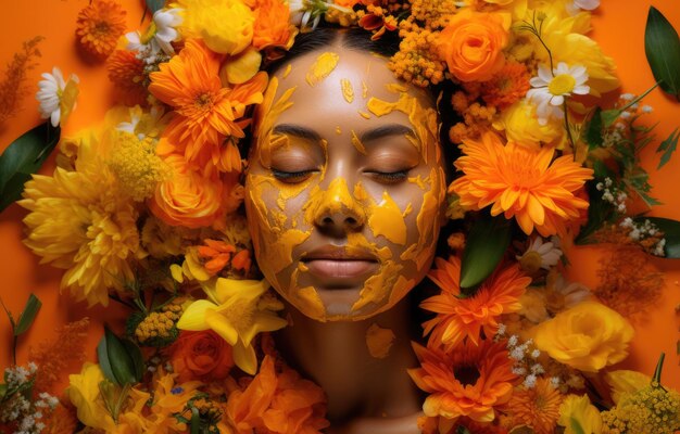 Portrait d'art abstrait d'une jeune femme avec des fleurs décoration beauté