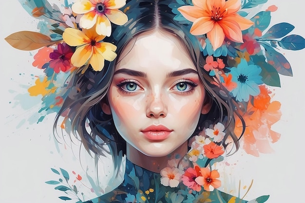 Portrait d'art abstrait d'une jeune femme avec des fleurs visage de fille dans le style de collage IA générative
