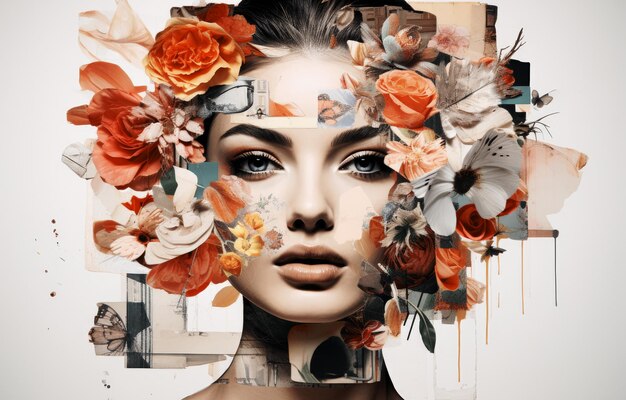 Portrait d'art abstrait d'une jeune femme avec des fleurs