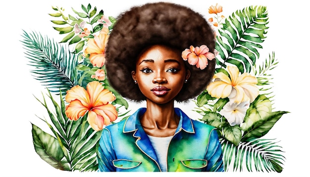 Portrait d'art aquarelle de belles jeunes femmes africaines mannequins avec une coiffure afro AI Generative