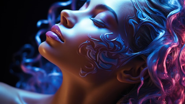 Portrait d'art de mode d'une belle femme avec de la fumée bleue et rose sur le visage