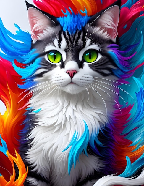 Portrait d'art numérique artistique d'un chat à fourrure Illustration de traits de peinture vibrants colorés générés par Ai