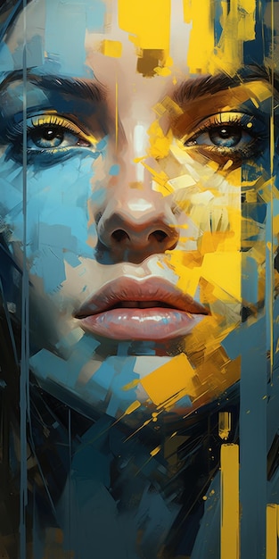 Portrait d'art urbain vibrant d'une femme au visage jaune et aux tons bleus généré par l'IA