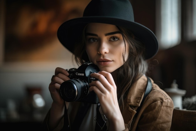 Portrait d'une artiste féminine tenant un appareil photo et portant un chapeau capturant l'essence