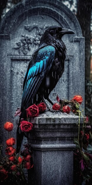 Portrait artistique d'un bel oiseau bleu sous la pluie AI générative