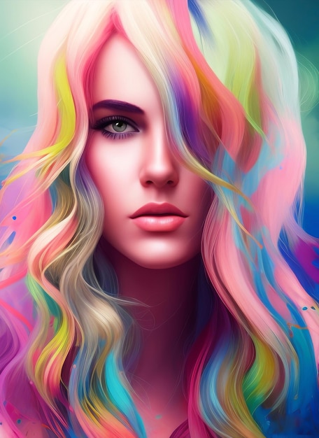 Portrait artistique d'une belle femme aux cheveux très colorés