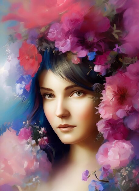 Portrait artistique d'une belle femme entourée de fleurs. Portrait d'une belle fille.
