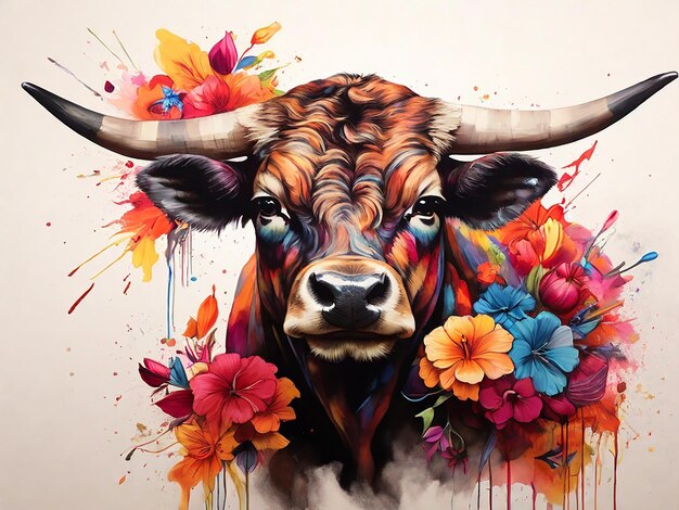 Portrait artistique coloré d'un taureau entouré d'une éruption de fleurs vibrantes