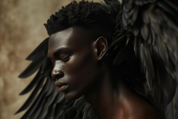 Portrait artistique créatif d'un jeune homme afro-américain sensuel avec des ailes d'ange noir