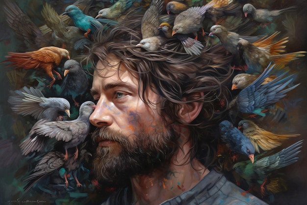 Portrait artistique vibrant d'un homme avec un ensemble d'oiseaux capricieux généré par l'IA