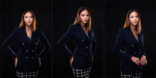 Portrait Asian Business Woman Wear Deep Blue Formal Suit Blazzer, éclairage de studio sur fond noir isolé, Lawyer Boss act posing smile look intelligent, concept de pack de groupe de collage