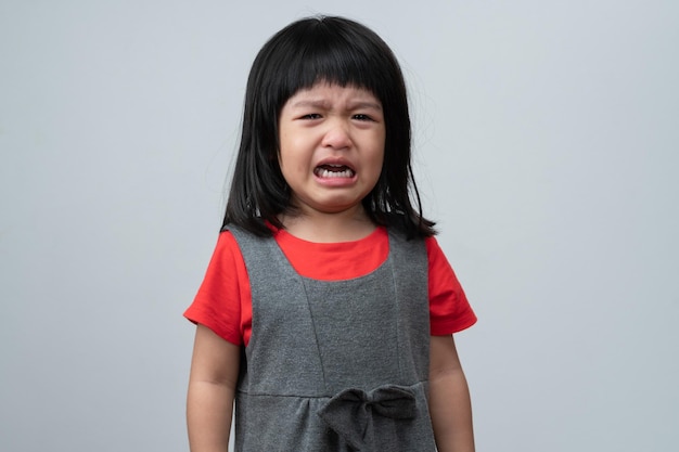 Portrait d'Asiatique en colère triste et pleurer petite fille sur fond blanc isolé L'émotion de l'enfant