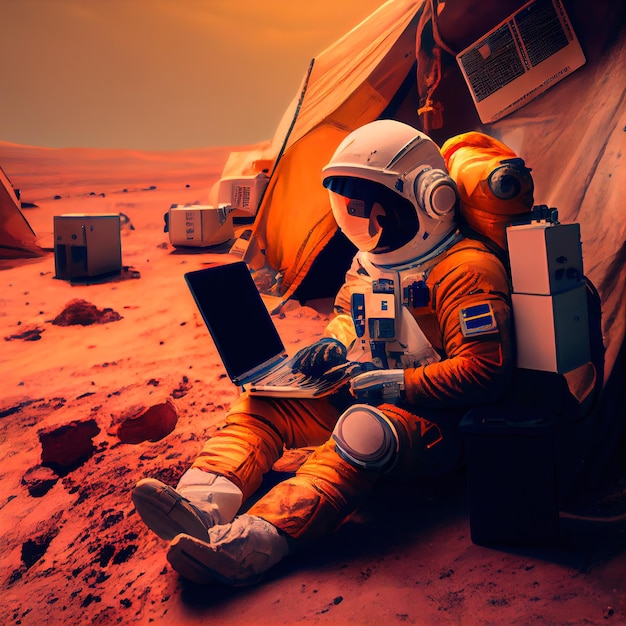 Portrait d'un astronaute en combinaison spatiale travaillant sur un ordinateur portable Un astronaute high-tech du futur