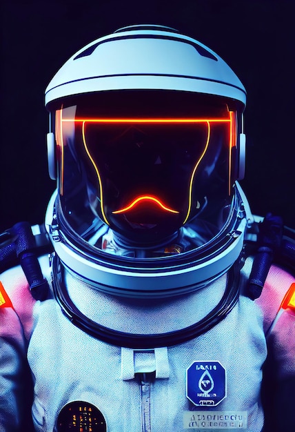 Portrait d'un astronaute fictif en néon dans une combinaison spatiale. Astronaute de haute technologie du futur.