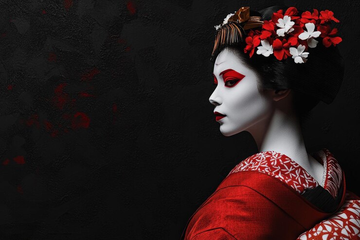 Photo portrait d'atelier traditionnel d'une élégante geisha japonaise en kimono détaillé
