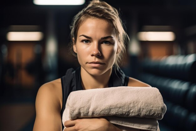 Portrait d'une athlète tenant une serviette devant elle créée avec une IA générative