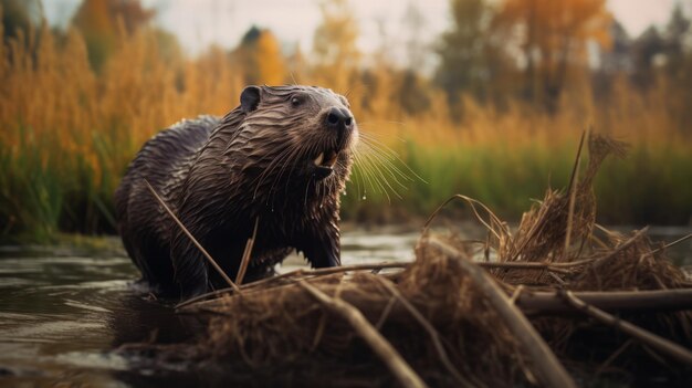 Photo portrait atmosphérique détaillé d'un castor nageant dans l'herbe