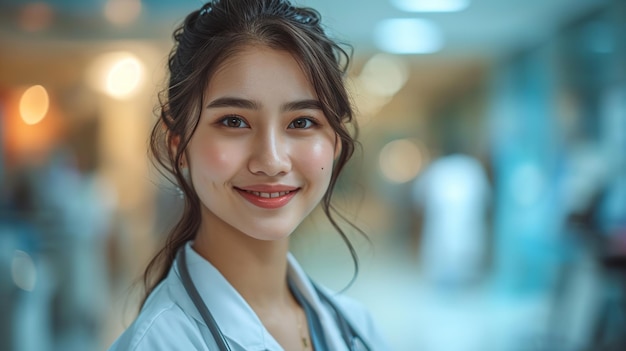 Portrait d'une attrayante femme médecin asiatique debout dans le couloir avec un stéthoscope