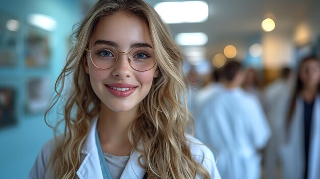 Portrait d'une attrayante femme médecin debout dans le couloir avec un stéthoscope