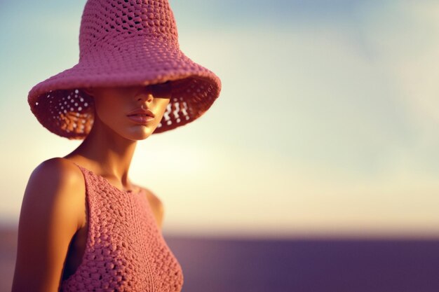 Photo portrait au coucher du soleil d'une jeune femme portant un chapeau rose et une robe tricotée générée par l'ia