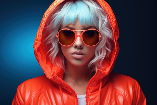 Portrait au néon d'une jeune femme portant des lunettes de soleil rondes et un sweat à capuche, prise en studio