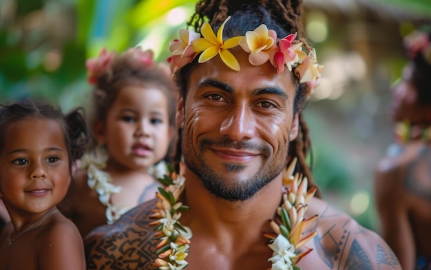 Photo portrait authentique d'un homme tahitien à poitrine nue avec sa famille mettant en valeur leurs liens étroits et leur riche héritage culturel