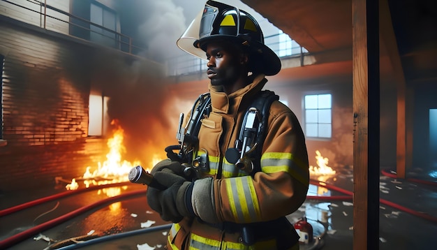 Portrait authentique d'un pompier en action lors d'un incendie structurel dans un quotidien franc et réaliste