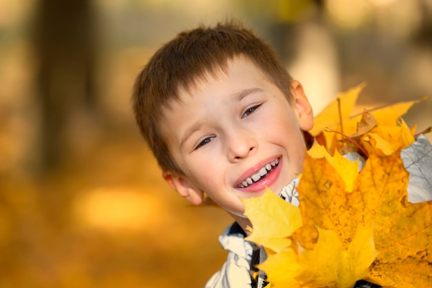 Portrait d'automne d'un enfant dans les feuilles jaunes d'automne