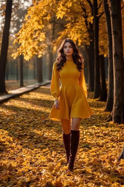 Portrait d'automne d'une jeune femme en robe de couleur jaune dans le parc de l'automne avec des feuilles marchant dans na