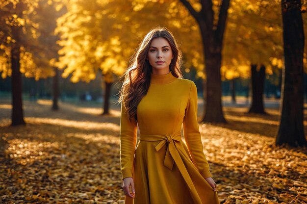 Portrait d'automne d'une jeune femme en robe de couleur jaune dans le parc de l'automne avec des feuilles marchant dans na