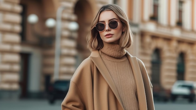 Portrait d'automne en plein air d'une jeune femme à la mode élégante portant des lunettes de soleil à la mode