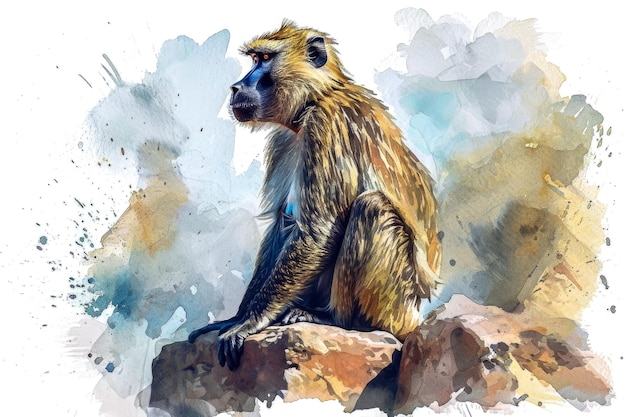 Photo portrait d'un babouin assis sur une aquarelle en pierre