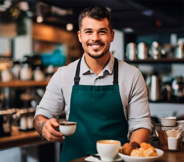 Portrait d'un barista souriant tenant une tasse de café