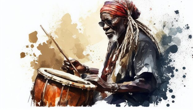 Portrait d'un batteur africain dans un style aquarelle par Generative AI