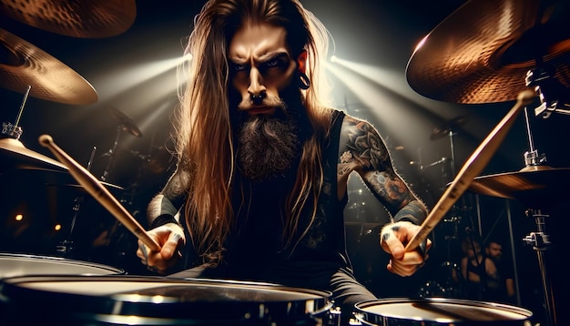 Portrait d'un batteur de heavy metal jouant de la batterie en arrière-plan de musique de concert