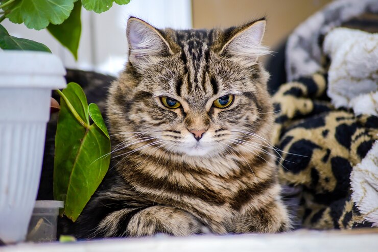 Photo portrait d'un beau chat rayé gris se bouchent