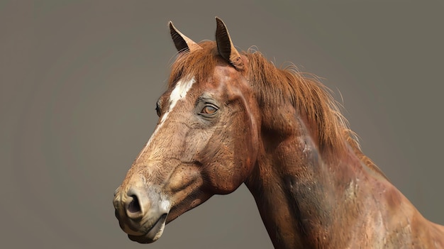 Portrait d'un beau cheval brun avec une longue crinière et une longue queue Le cheval se tient dans un champ d'herbe verte et regarde la caméra