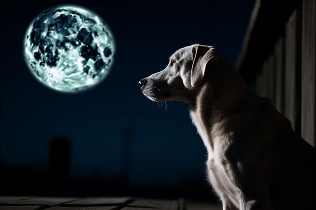 Portrait d'un beau chien blanc sur le fond de la lune