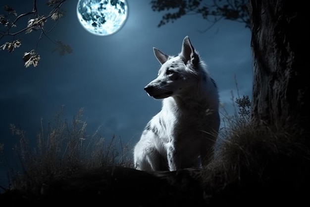 Portrait d'un beau chien blanc sur le fond de la lune