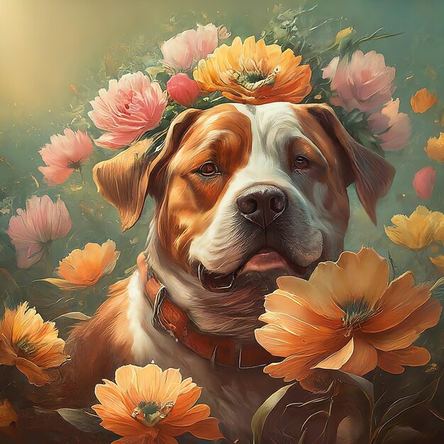 Portrait d'un beau chien illustration de fleurs portrait d'une belle chienne illustration des fleurs