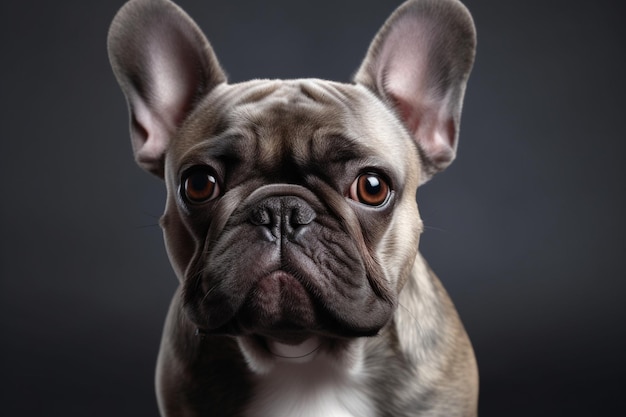 Portrait de beau chien de race pure chiot bouledogue français posant regardant la caméra isolée sur fond de studio gris