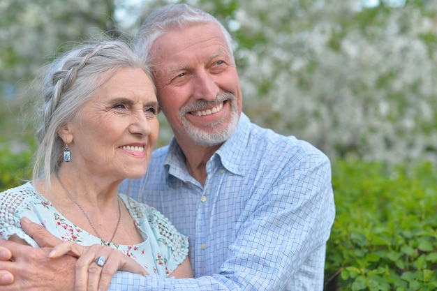 Portrait d'un beau couple de personnes âgées caucasien dans le parc