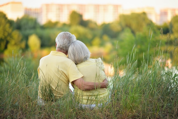 Portrait d'un beau couple de personnes âgées étreignant dans la vue arrière du parc