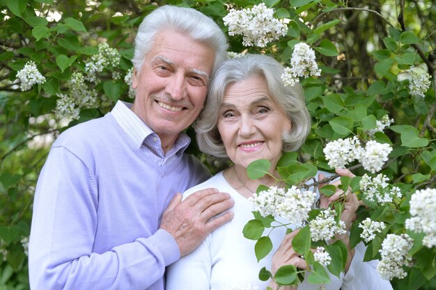 Portrait d'un beau couple de personnes âgées par des lilas dans le parc