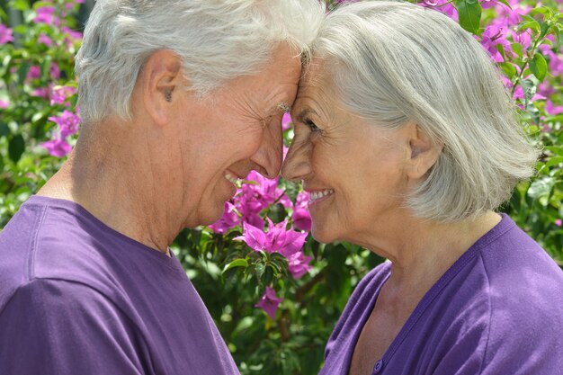 Portrait de beau couple de personnes âgées en plein air dans le parc d'été