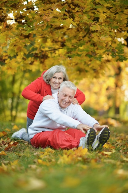 Portrait d'un beau couple de personnes âgées de race blanche dans le parc faisant de l'exercice