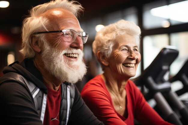 Portrait d'un beau couple de personnes âgées sportives faisant de l'exercice au gymnase.