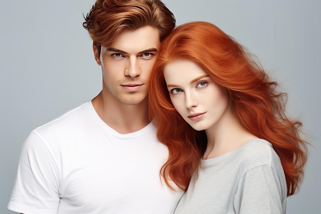 Portrait d'un beau couple rousse isolé sur fond de studio gris généré par l'IA