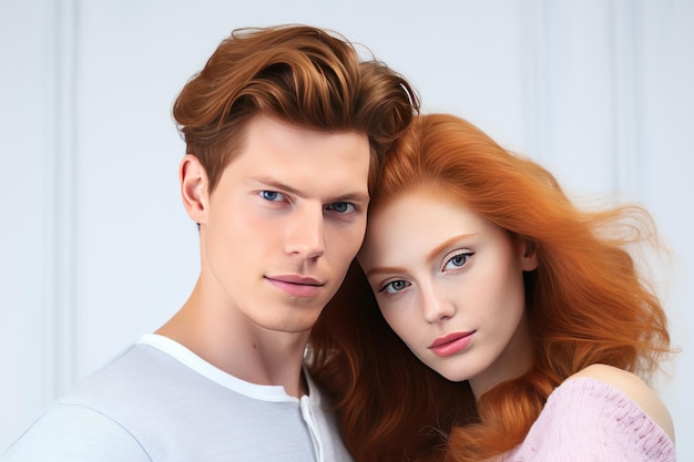 Portrait d'un beau couple rousse isolé sur fond de studio gris généré par l'IA