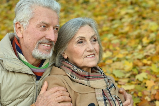 Portrait de beau couple senior caucasien étreindre dans le parc